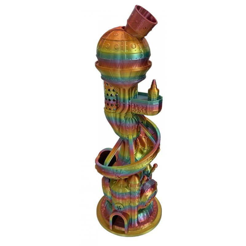 3D Printed Dice Tower Figurine, Purple/Yellow/Green, 16.5" H x 5.75" W x 5.75" D