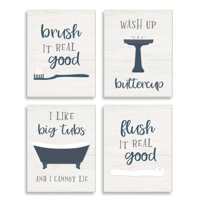 «Bathroom Rules Humor Good Hygie Puns», ensemble de 4 plaques murales bleu gris par Natalie Carpentieri
