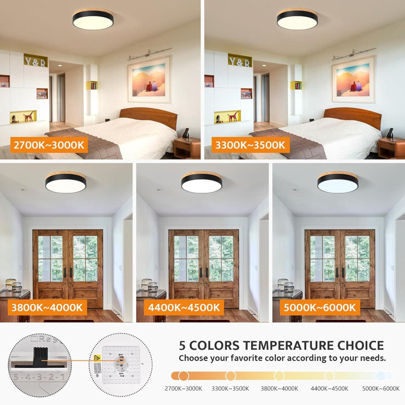Modern Black and Wood LED Flush Mount Ceiling Light