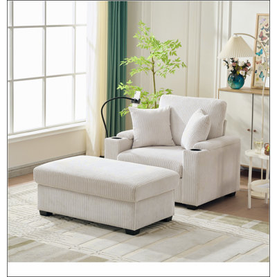 Oversized Chaise Lounge Chair Indoor with Ottoman and Storage, Comfy Corduroy Sleeper Chair with Cup Holder,Mobile Phone Stand&USB Charging Port , Rec by Ivy Bronx