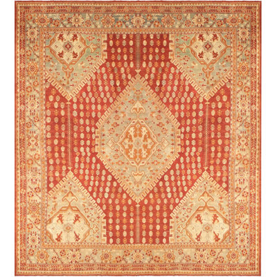 Tapis rouge / ivoire / jaune en laine noué à la main de conception unique années 1900 de 16 pi 10 po x 19 pi 6 po OverSize