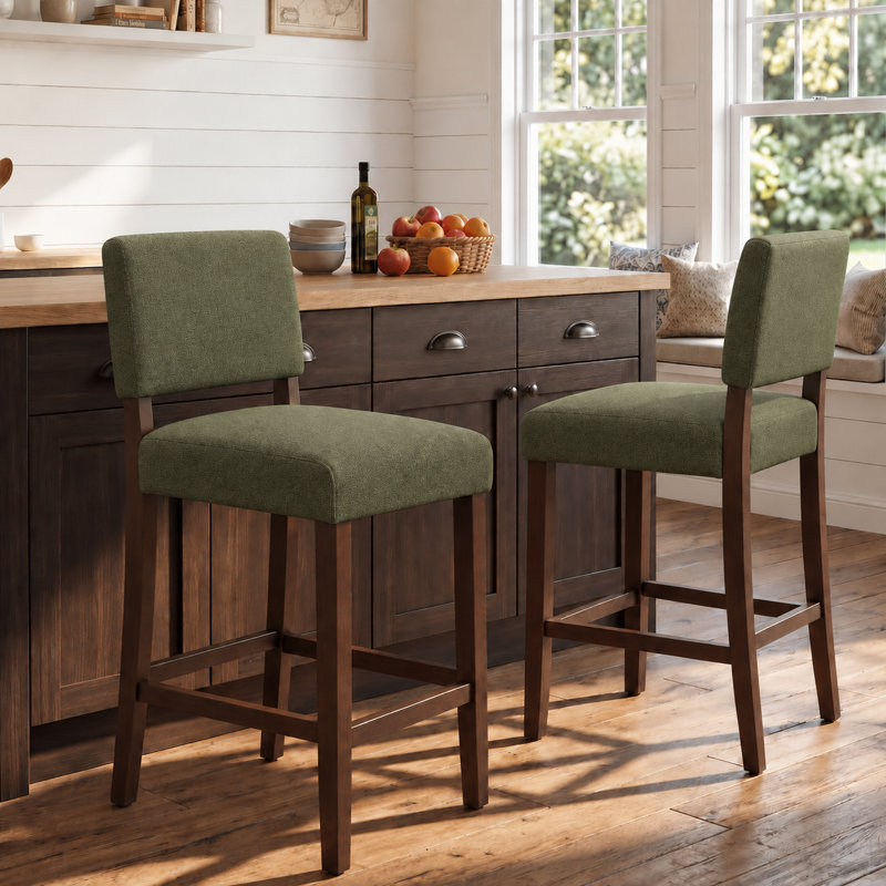 Tabouret de bar moderne en bois massif rembourré, 66 cm de hauteur, avec dossier et repose-pieds., Green