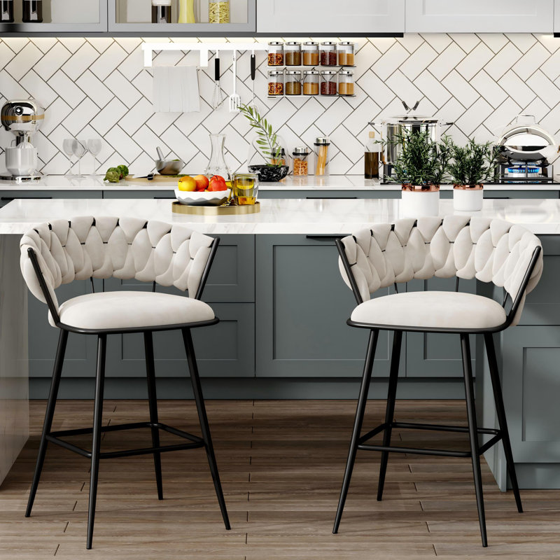 Tabouret de bar et de comptoir rembourré avec structure en métal (ensemble de 2), Ivoire ivoire