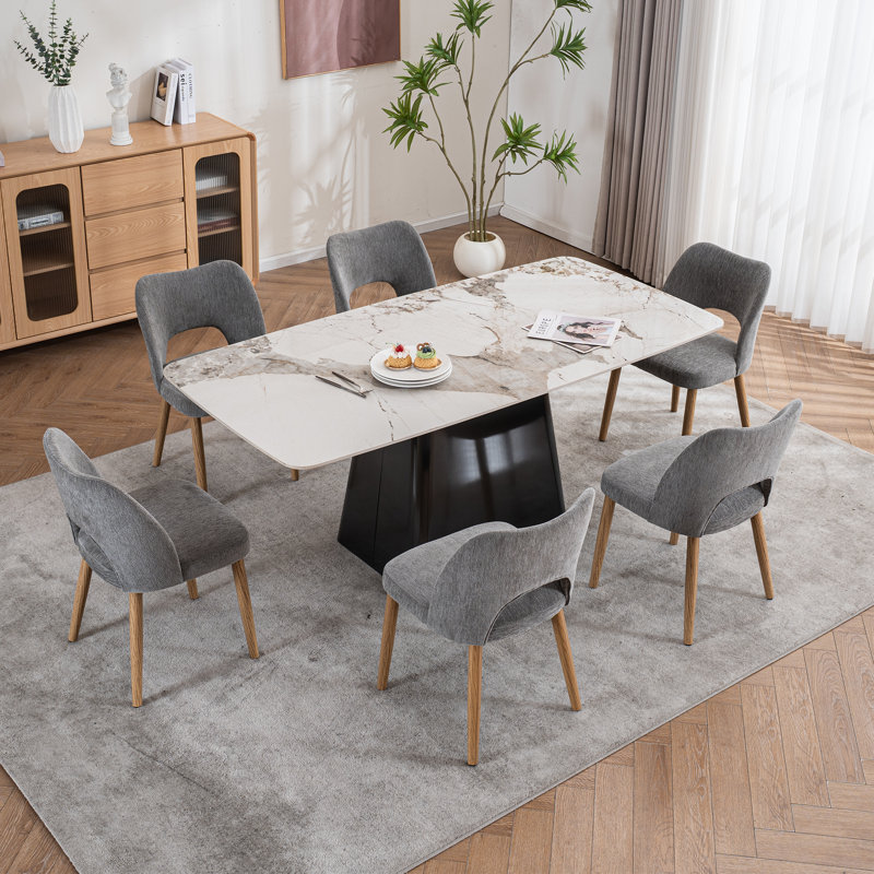 Modern Upholstered Dining Chair with Chenille Fabric and Solid Wood Legs, Gray
