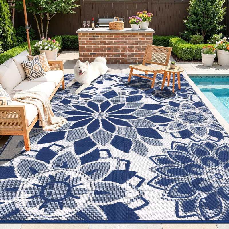 Reversible Outdoor Rug Plastic Straw Patio Rug Large Camping Mat, Black/Brown, Rectangle 9' x 12'
