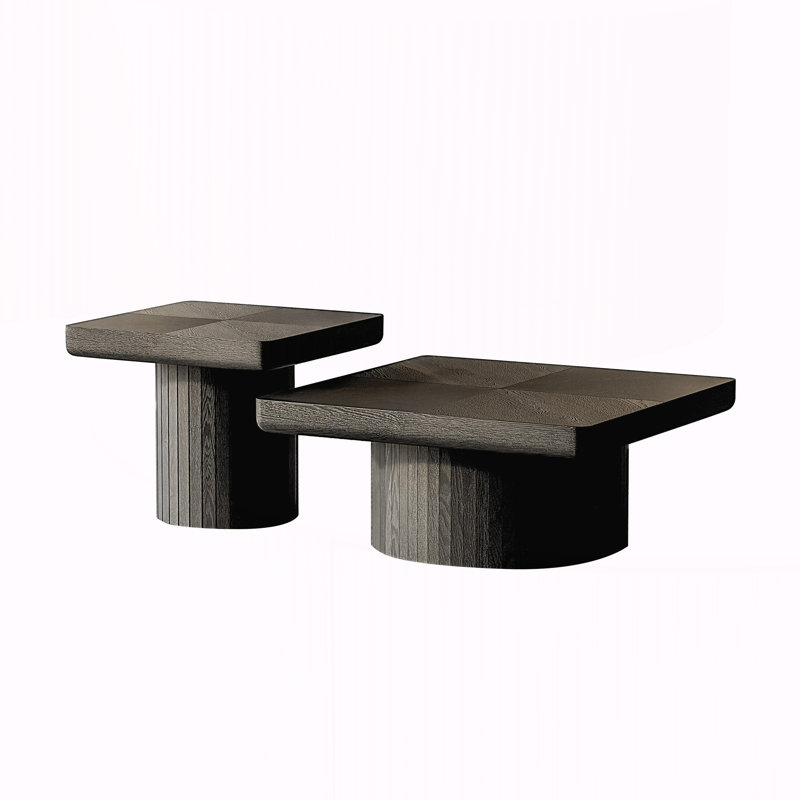 Table basse 2 pièces avec piédestal cylindrique et cannelé, Noir