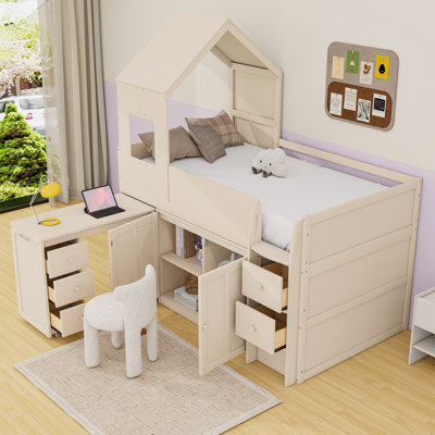 Lit mezzanine simple en bois avec bureau et rangement intégré