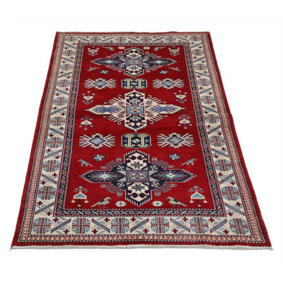 Tapis décoratif en laine noué à la main rouge, bleu marine, ivoire et bleu clair 3,2 x 5 pi