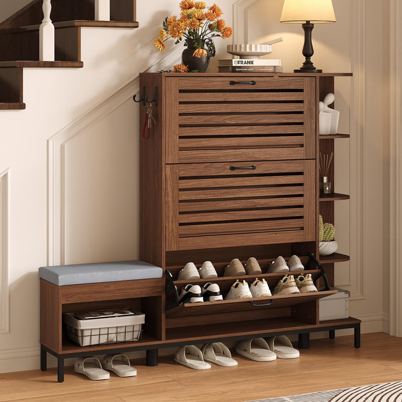Narrow Shoe Cabinet With Bench & 3 Flip Louvered Doors For Entryway
