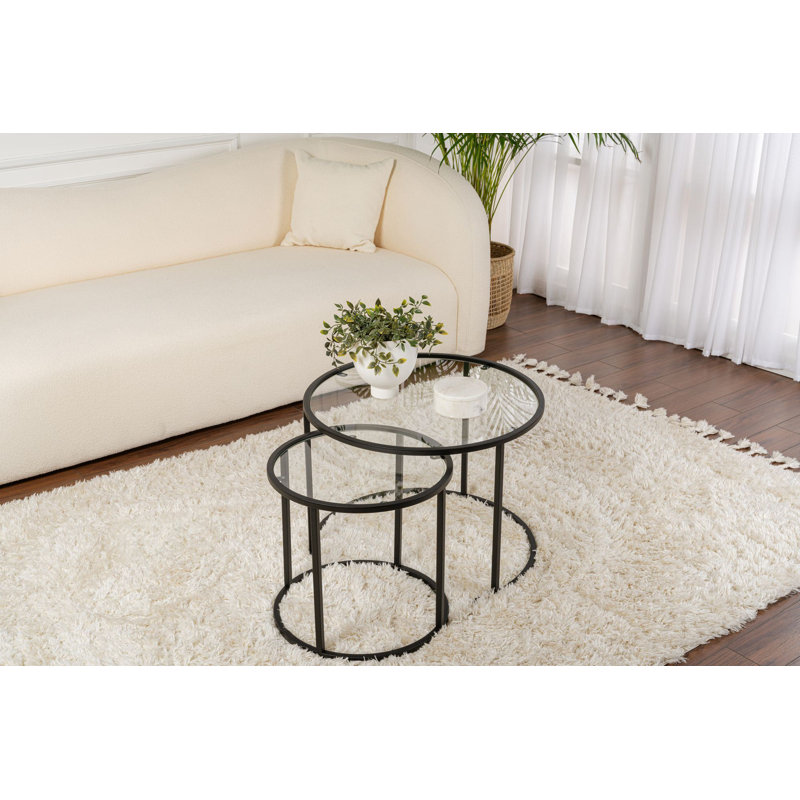 Modern Coffee Table Set (2 Pieces), Black Tempered Glass, 23.6 x 23.6 x 16.9 inches & 16.5 x 16.5 x 15.4 inches | Sturdy Metal Legs (Width: 0.6 in, Depth: 0.6 in) | Stylish Industrial Design for Living Room & Lounge Spaces