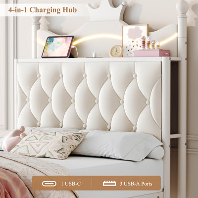 Ensemble de chambre 3 pièces, lit de rangement à baldaquin en métal capitonné avec lumière DEL et port de chargement