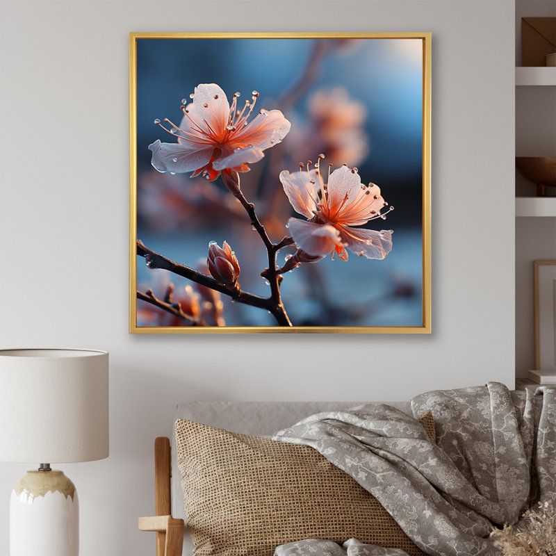 Winter Cherry Blossoum Flowers I - Plantes et fleurs, art mural, Cadre flottant doré, H 36 po x l 36 po x P 1,5 po