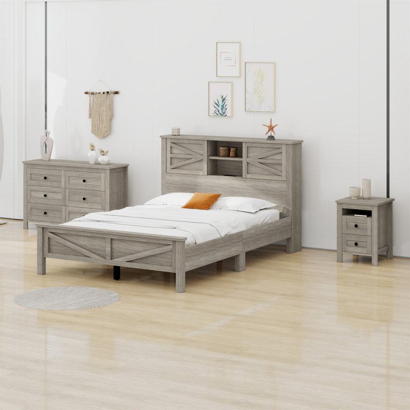 Ensemble de chambre à coucher 3 pièces avec lit plateforme Farmhouse, Grand, Gris antique