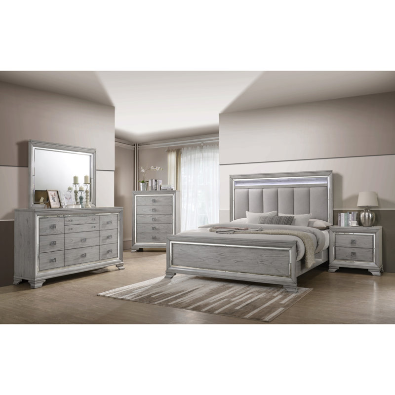 1pc très grand lit à panneau avec éclairage à DEL intégré tête de lit capitonnée grain de bois gris doux mobilier en bois massif