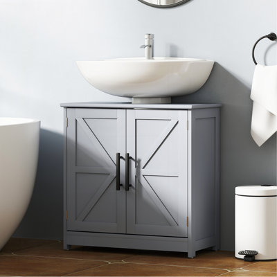 Armoire de rangement à piédestal, lavabo de salle de bain avec 2 portes de grange et tablette réglable, gris foncé (sans lavabo)
