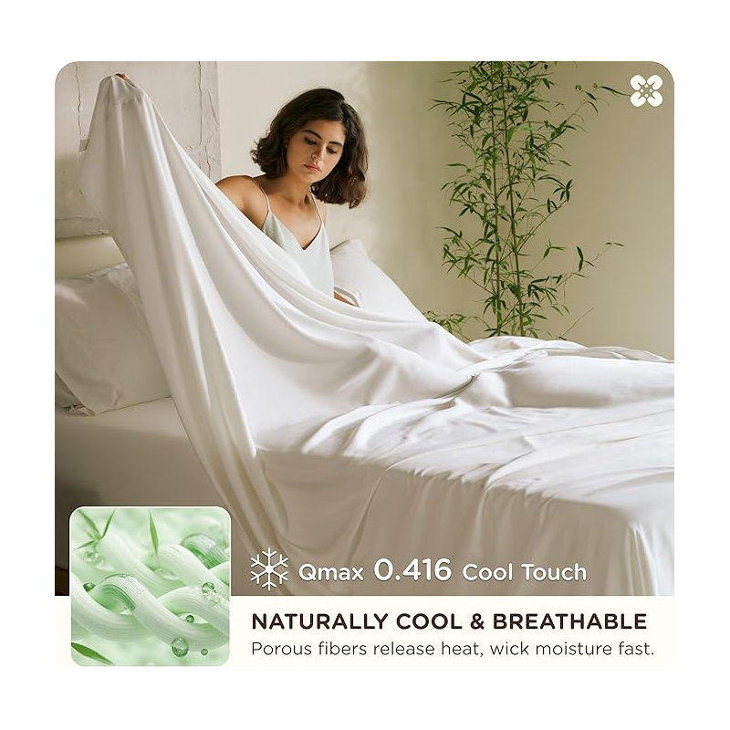 Bedsure 100% Organically Grown Bamboo Viscose Sheets - 18 Inches Deep Pocket Sheets With Elastic Corner, Queen Sheet Set, Ultra-Soft, Silky & Cooling Bedsheets, Oeko-Tex, 4 Pieces, Ivory