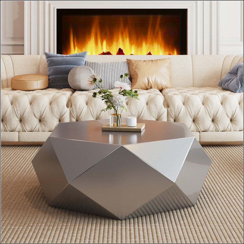 Table basse en acier inoxydable avec motif en losange hexagonal, Silver