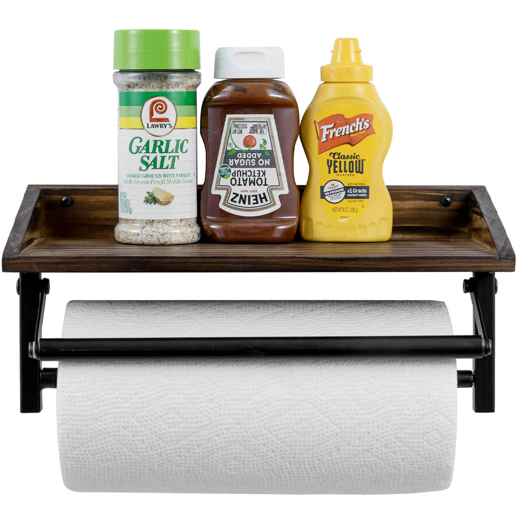 Wall Mounted Black & Wood Paper Towel Holder W/ Shelf 17 Stories