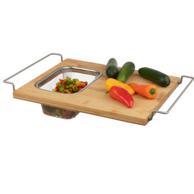 Planche à découper avec crépine - planche à découper réglable en bambou 2 en 1 avec passoire amovible en acier inoxydable pour évier par Classic Cuisine