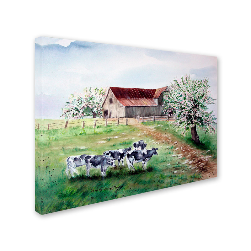 «Cows and a Barn», reproduction de peinture à l'huile sur toile tendue, H 14 po x l 19 po x P 2 po