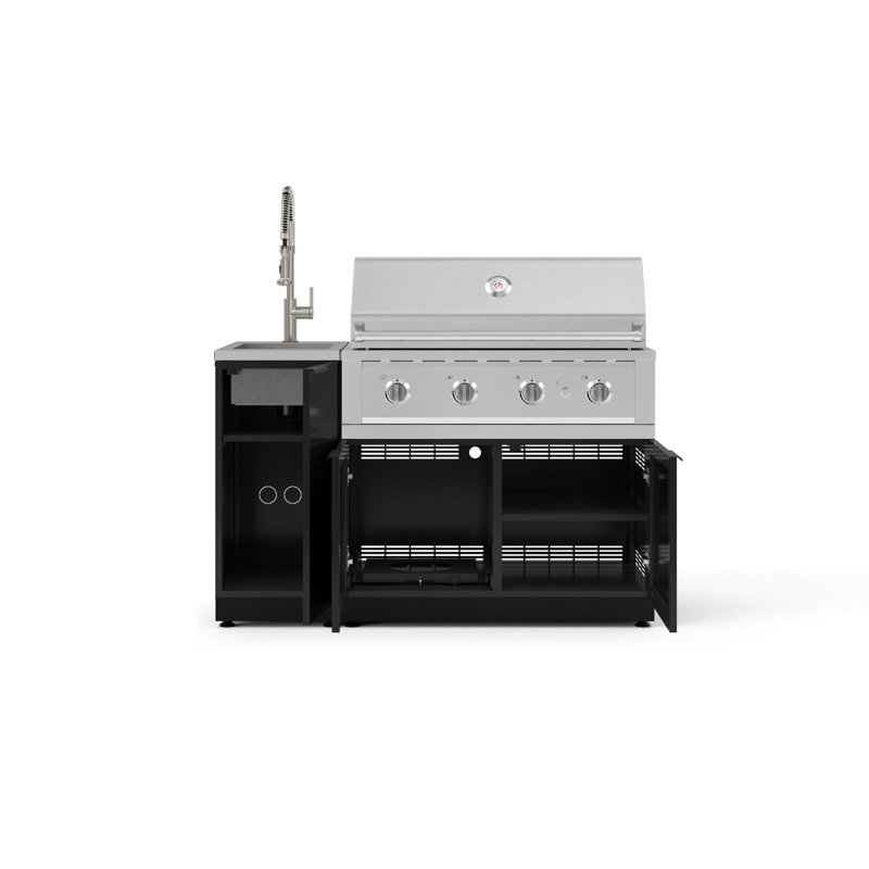 Ensemble d'armoires d'extérieur en aluminium noir 3 pièces avec évier, armoire de barbecue, barbecue au propane liquide 40 po et robinet en nickel brossé