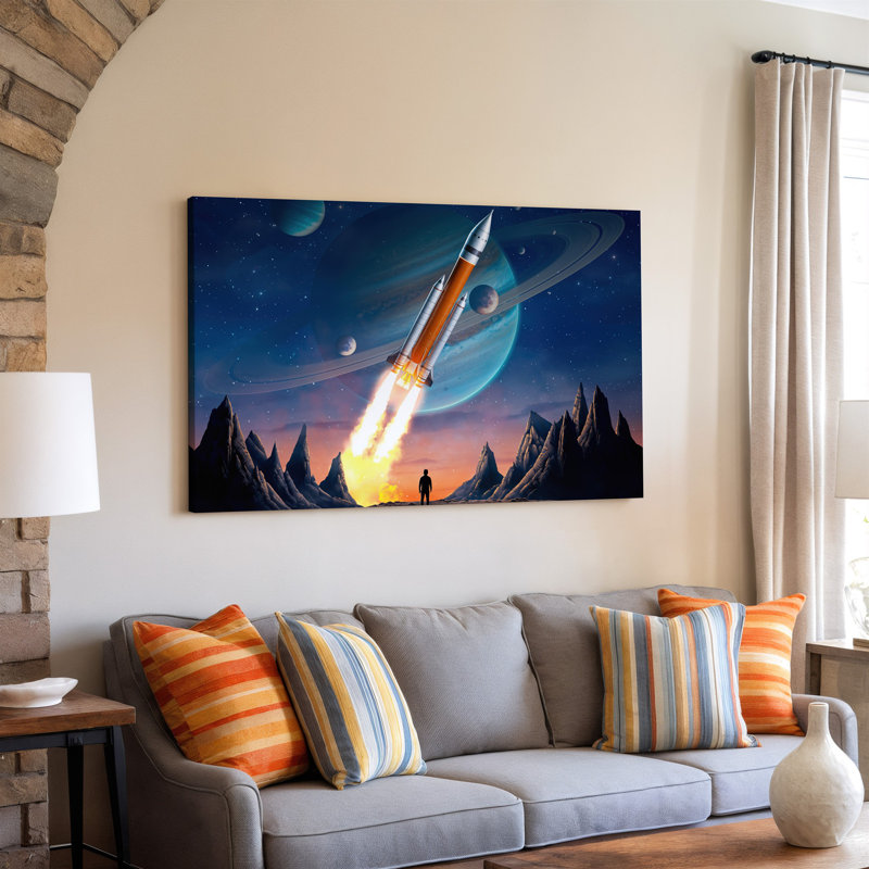 Toile, une fusée imposante se lance dans le cosmos, ses moteurs s'enflamment avec des flammes jaunes et oranges sur toile