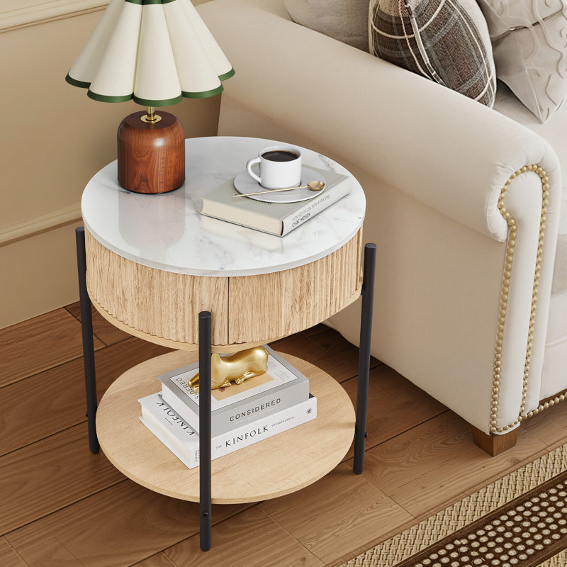 Marble Round End Table With Storage, Natural, 1