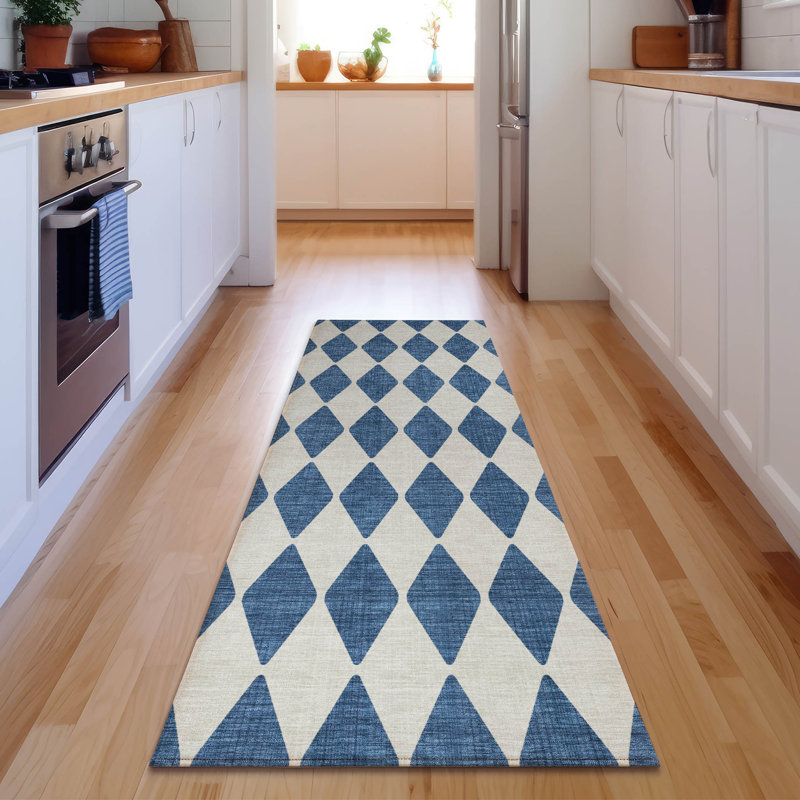 Premium Machine Washable Cerrito AMF578 Navy Rug, Runner 2'3" x 7'6"