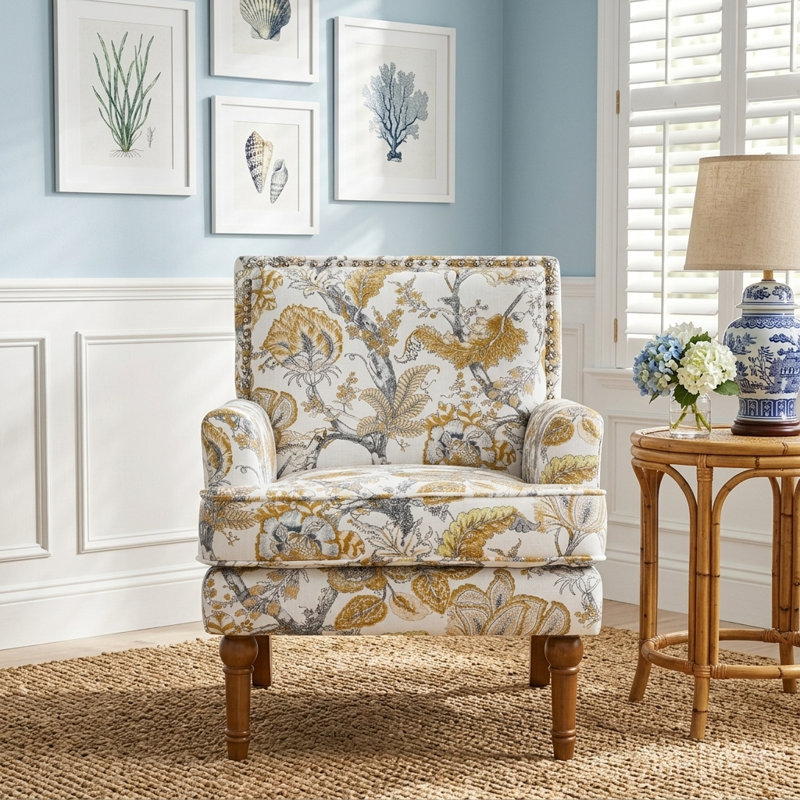 Fauteuil décoratif l 27 po avec garniture cloutée et accents floraux, Jaune