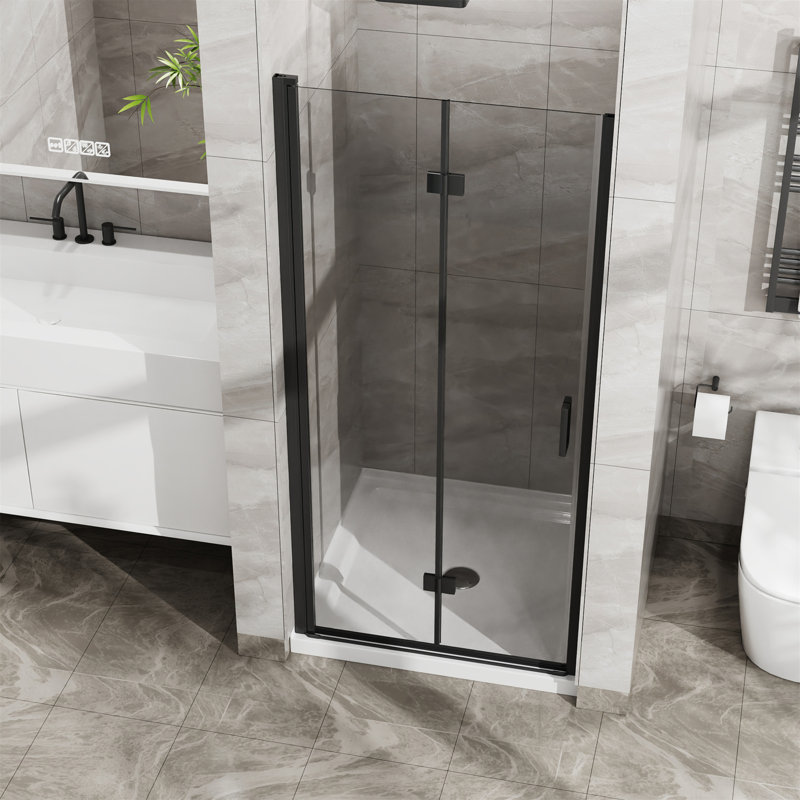 Porte de douche pliante en verre sans cadre 34 "x 72" avec base de douche en acrylique blanc, pliable en verre trempé transparent de 1/4 pouce