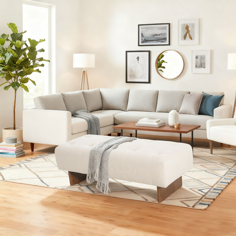 Banc de repose-pieds capitonné Mid-Century moderne, tissu beige avec base en bois de noyer pour les couloirs, la chambre à coucher et le salon