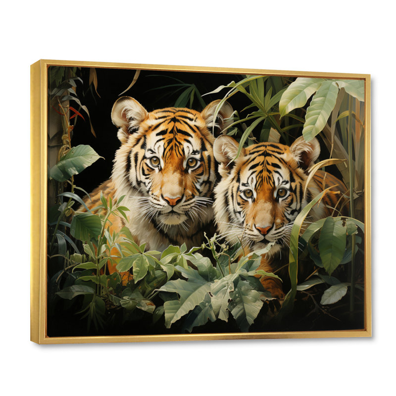 Asian Art Tigers In Jungle III - Art mural asiatique, H 24 po x l 32 po x P 1 po, Cadre flottant doré