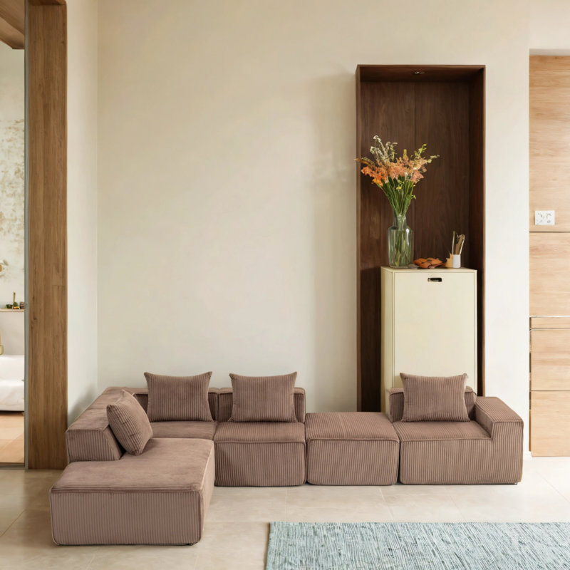 Canapé modulaire en velours avec repose-pieds, Velours côtelé brun