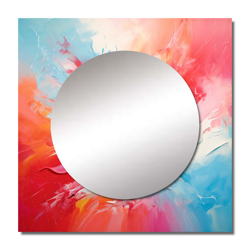 Colorful Mid Century Energetic EruTIONS III - Grand miroir carré abstrait pour décoration murale, 23 po x 23 po