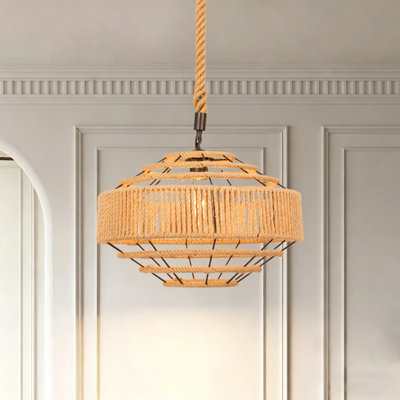 Boho Rope Pendant Light With Woven Iron Shade, Hanging Ceiling Lamp