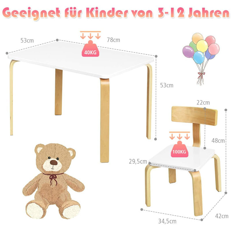 Seacliff Kids Solid Wood Rectangular Play Or Activity Table and Chair Set, White/Natural