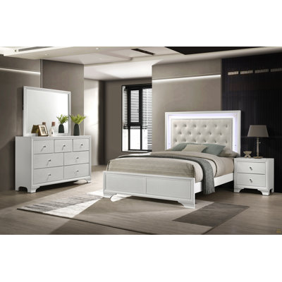 1Pc Modern White Textured Finish Tufted Headboard Upholstered Integrated LED Lighting King Size Panel Bed Button Tufted Wooden Bedroom Furniture