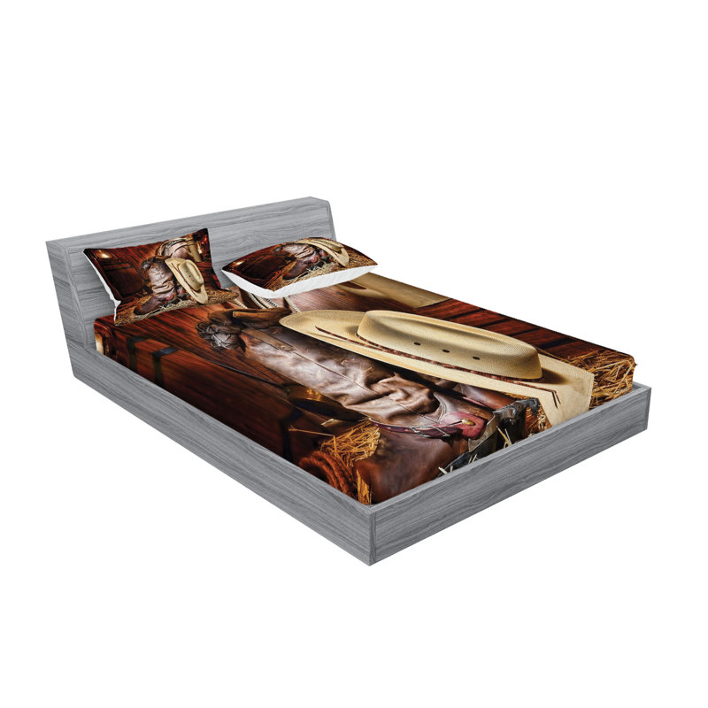 Drap-housse et coussin décoratif Ambesonne Western brun beige, Ensemble de draps pour très grand lit californien