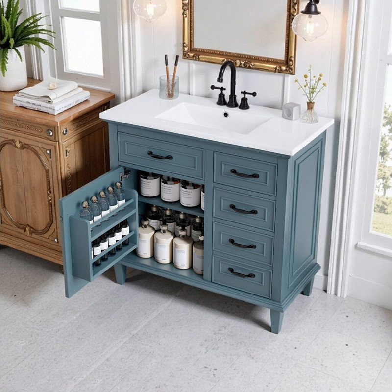 Meuble-lavabo sur pied 36 po avec lavabo en céramique, Gris