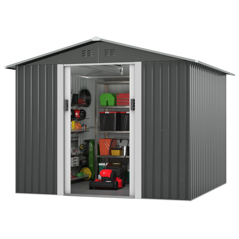 Gray 8' x 8' Metal Outdoor Storage Shed with Lockable Doors
