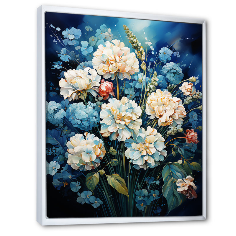 Fleur bleue dans un maïs soufflé Serenade I, Cadre flottant blanc, H 32 po x l 24 po x P 1 po