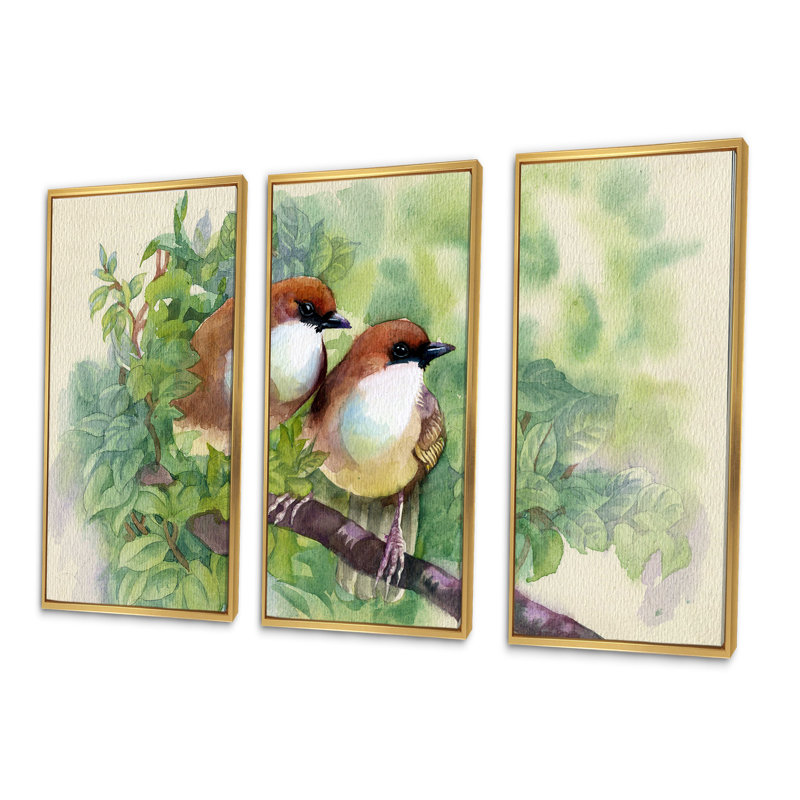 Oiseaux du printemps - Ensemble de 3 reproductions d'art encadrées sur toile, H 28 po x l 36 po x P 1 po, Cadre doré