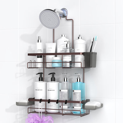 Hanging Shower Caddy Over Showerhead,Rustproof No Drill Shower Organizer,Includes Soap Holder and Hooks,Silver
