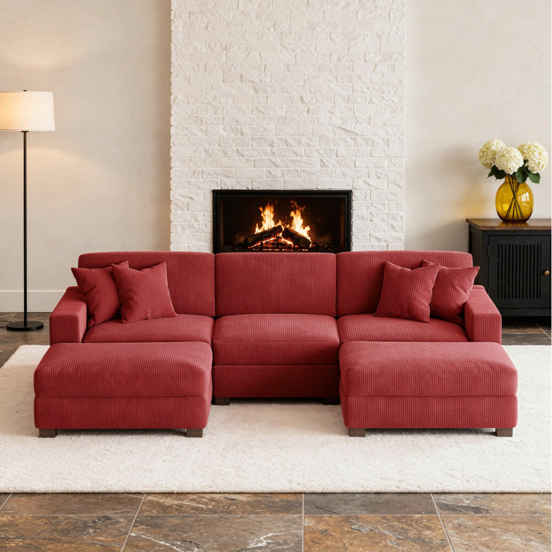 Canapé modulaire en velours côtelé, Red Corduroy, H 33 po x l 117 po x P 71 po
