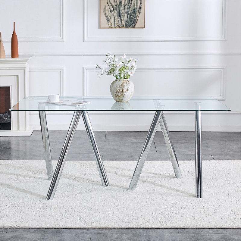Table de salle à manger rectangulaire en verre trempé avec base en acier inoxydable, plateau transparent, de 4 à 8 places, pour une cuisine ou une salle à manger moderne