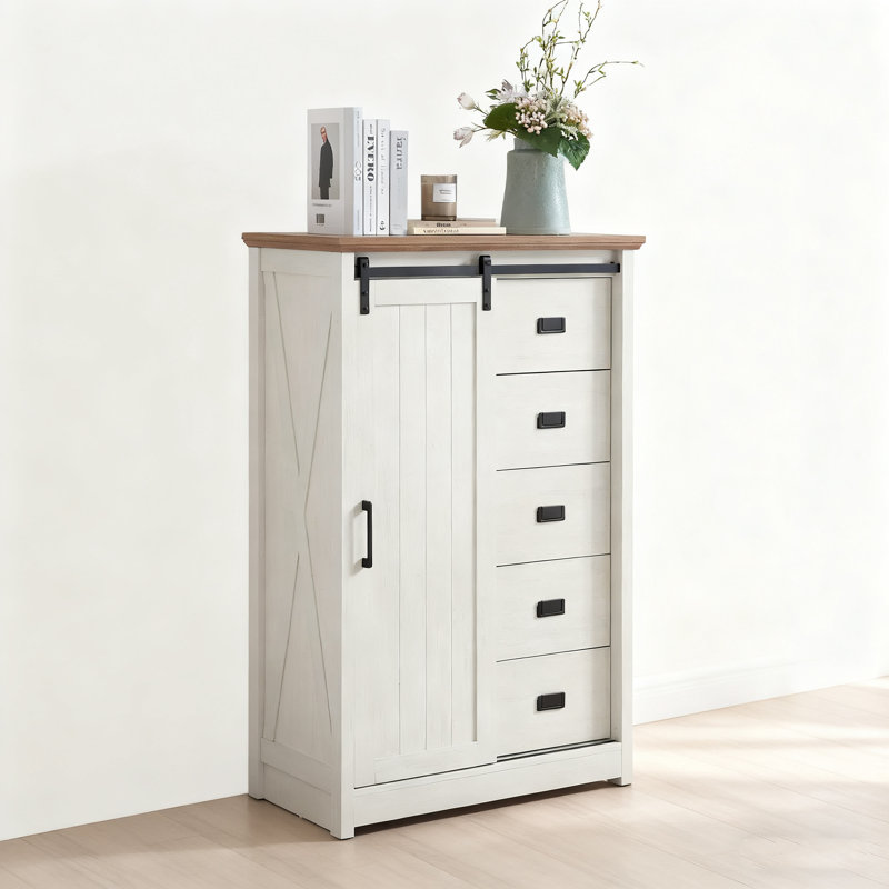 5-drawer Chest W/sliding Barn Door - Farmhouse Style, Engineered Wood (100 Lbs Tabletop Capacity), White