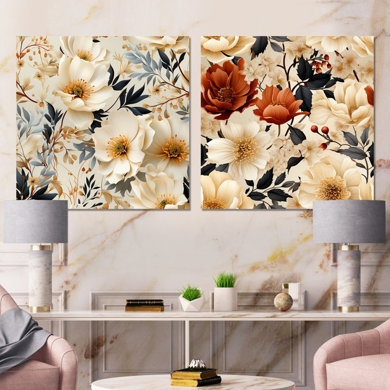 Kelia - Ensemble de 2 carrés décoratifs floraux en métal, H 16 po x l 32 po