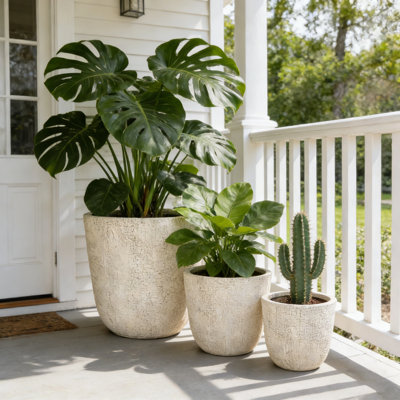 Set Of 3 Lightweight MGO Outdoor Planters With Drainage Holes, Crackle Stone Texture, Stackable All-Weather Flower Pots (Large/Medium/Small)