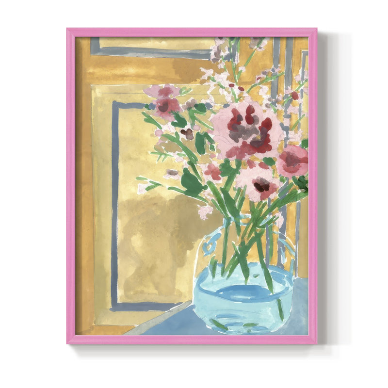 Fleurs en bouteille I, reproduction encadrée - bois massif, H 11 po x l 9 po, Rose