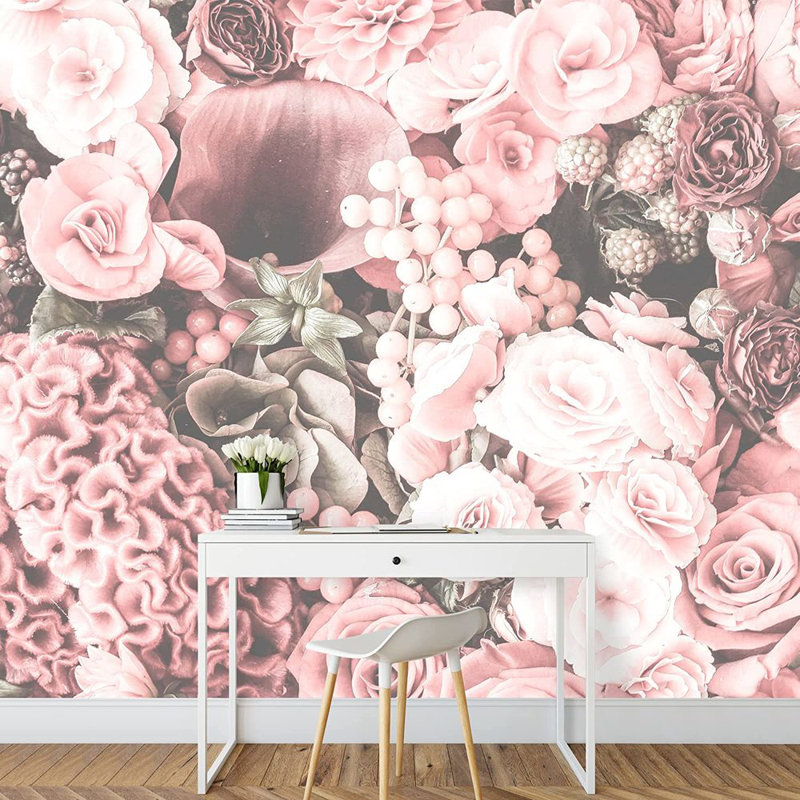 Adhésif mural collage fleur rose, L 100 po x l 144 po